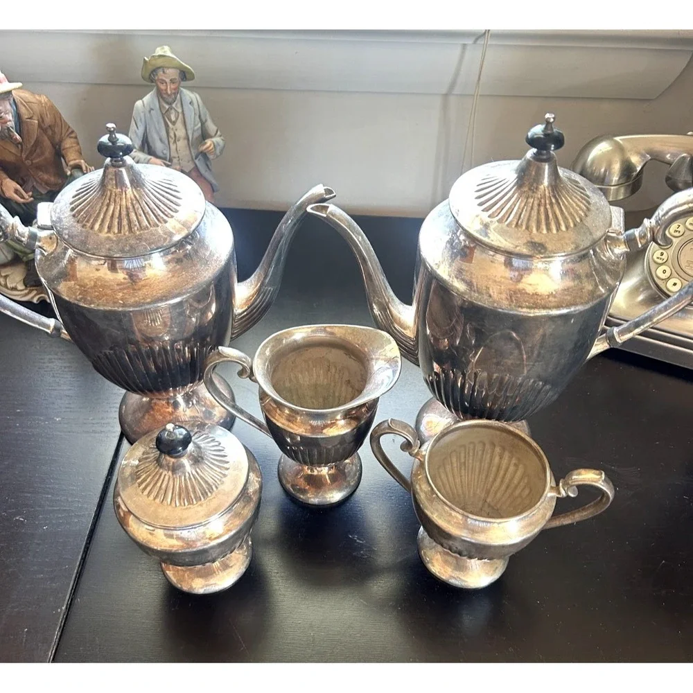 Vintage Rogers Silver on Copper Tea Set 5 Pc Coffee Tea Service Silverplate